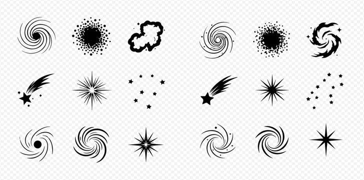 A collection of black and white space and galaxy themed vector illustrations.