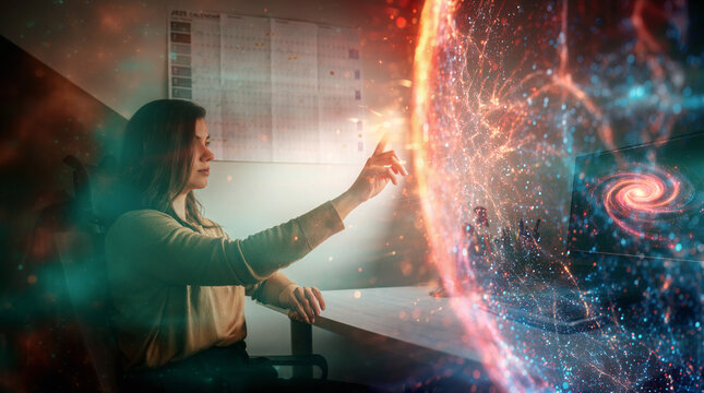 Scientist interacting with cosmic data sphere in futuristic workspace - Powered by Adobe
