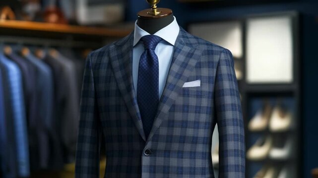 Ultra HD A closeup shot showcases a sophisticated blue plaid suit on a mannequin, complete with a matching tie and pocket square, set in a highend tailor shop