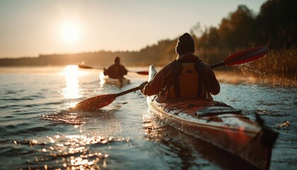 Two Senior Male Kayakers Enjoying A Leisurely Journey On The Water Under The Warm Glow Of The Sun.