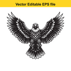 Obraz premium Detailed black and white illustration of a majestic eagle with outstretched wings, isolated on