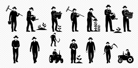 Silhouetted farmers engaging in various agricultural activities, including planting, harvesting, and operating machinery.
