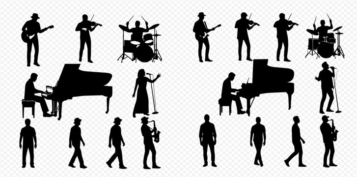 Silhouettes of musicians playing various instruments, including guitar, violin, drums, piano, saxophone, and singing into a microphone.