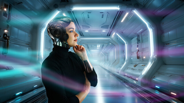 Female cyborg contemplating inside futuristic space station corridor
