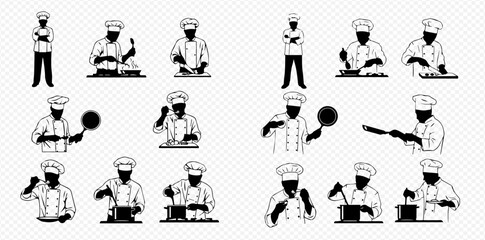Silhouette illustrations of chefs in various cooking poses, isolated on a transparent background.