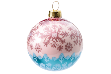 Bright Christmas bauble with snowflake patterns and golden top hook isolated on transparent background 