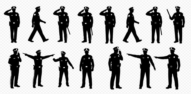 Silhouettes of police officers in various poses, including saluting and directing traffic.