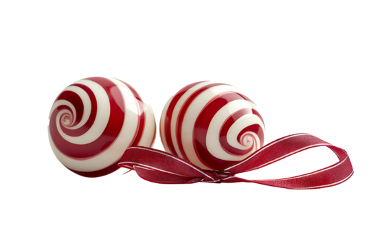 Candy cane pair with red and white spiral stripes tied with a ribbon isolated on a transparent background