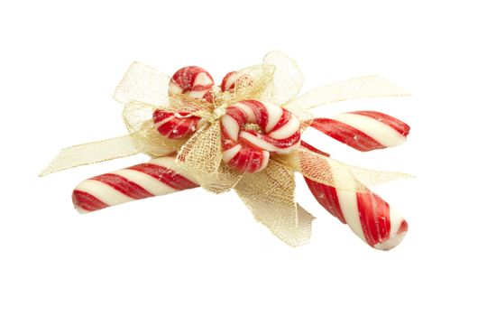 Candy cane pair with red and white spiral stripes tied with a ribbon isolated on a transparent background - Powered by Adobe