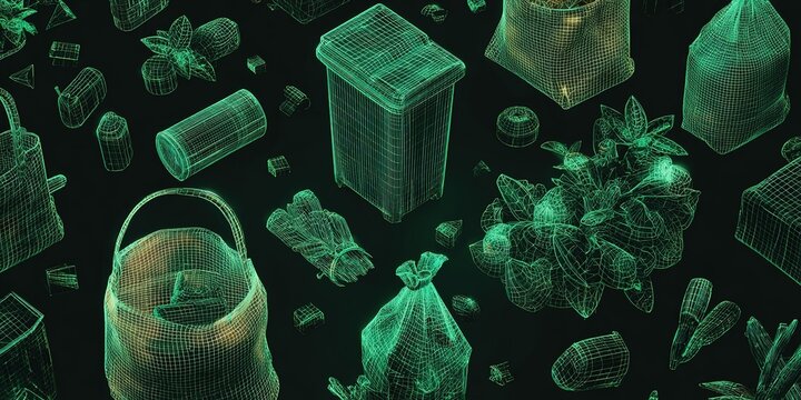 3D wireframe models of recyclable items displayed on a dark background in a digital art style