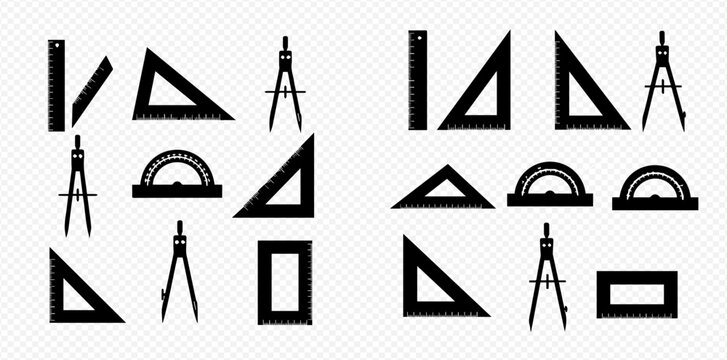 Illustration of drafting tools including rulers, triangles, protractors, and compasses.