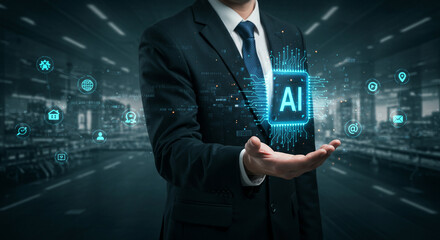 Visionary business leader showcases groundbreaking AI technology with glowing digital connections in a modern cityscape