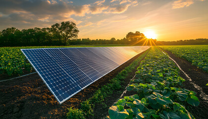 Solar panels power irrigation on green farm field. Crops grow near water channel under golden sunset sky. Renewable energy tech supports agriculture, nature thrives with clean power.
