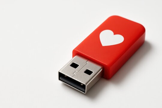 Red Heart USB Drive. A red USB flash drive decorated with a white heart lies on a clean surface, creating a modern Valentine’s Day symbol of love, connection, and thoughtful digital gifting.
