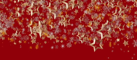 Abstract Christmas background featuring falling golden stars and snowflakes on a vibrant red backdrop. Perfect for holiday designs, w