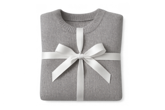 Gray folded knit sweater creating a thoughtful present, tied with a white satin ribbon and bow, transparent background
