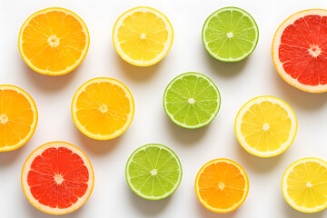 Fresh citrus fruits cut in half on white background