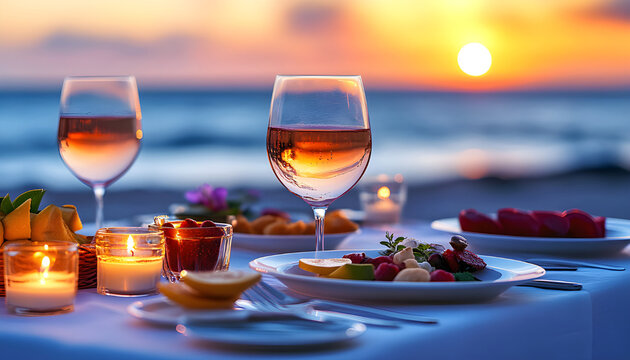 Table set for romantic dinner on beach at sunset. Plates of food, wine glasses, and candles create a fine dining atmosphere overlooking the sea
