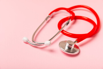 Stethoscope on the table. Medical instrument. Medical concept. Healthcare. Health Day.Doctor equipment. Cardiology. Heart disease.Lung diagnostics.Diagnosis of respiratory inflammation.Space for text