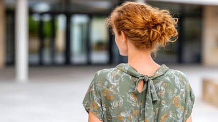Fototapeta premium A woman with striking red hair is seen from behind, dressed in a light blouse, in a bright space filled with plants and natural light