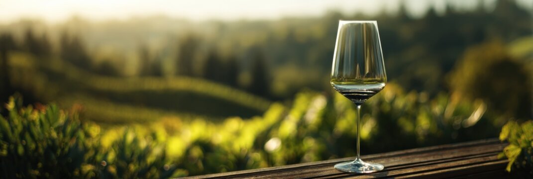 Elegant Wine Glass Set Against a Lush Vineyard Landscape in Warm Golden Light During Sunset