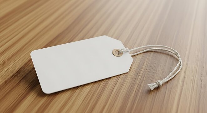 Blank Rectangular White Tag with String on a Light Brown Wood Surface, Ideal for Product Labeling and Pricing