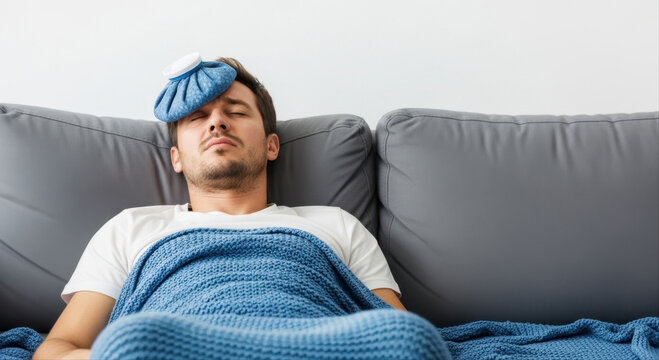 Sick man with uncomfortable mood resting with ice pack on forehead against grey couch