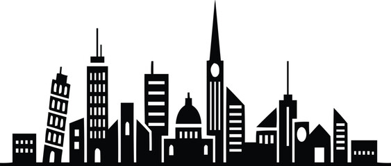 Modern cityscape silhouette featuring diverse architectural styles and iconic buildings against white background