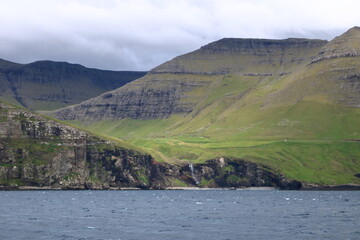 Skardsafossur Waterfall at the Vagar island at Faroe Islands, Denmark