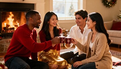 Diverse friends toasting with hot chocolate by a cozy fireplace. Multicultural group celebrating the Christmas holidays together at home