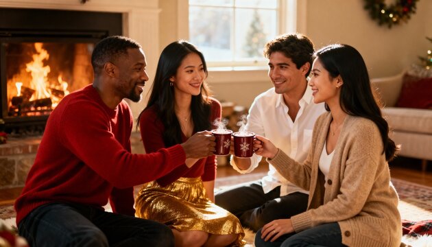 Diverse friends toasting with hot chocolate by a cozy fireplace. Multicultural group celebrating the Christmas holidays together at home