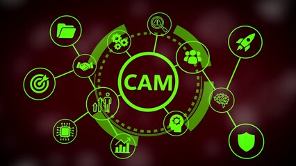 Centralized CAM concept with connected icons representing business and technology on a dark red background