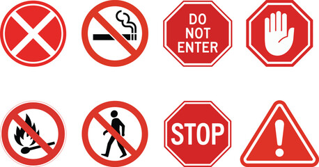 Essential collection of red prohibition, warning, and stop icons