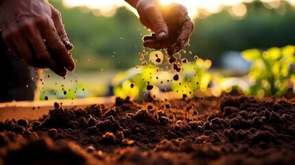 Hands touching soil in warm sunset light during a gardening moment - Powered by Adobe