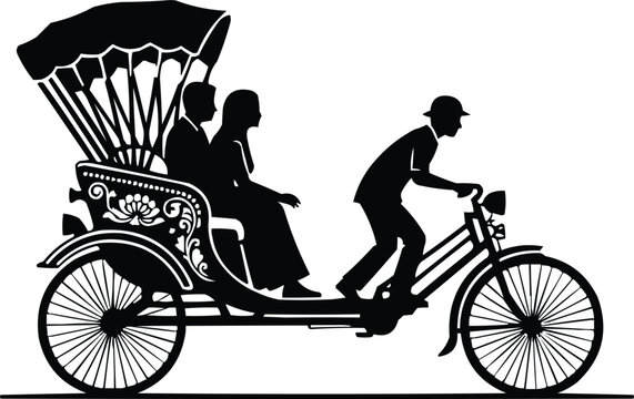 Silhouette of a traditional rickshaw with two passengers and a driver in a vintage style illustration