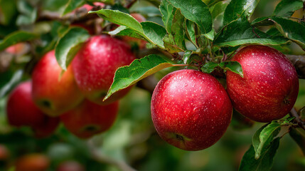 Obraz premium Ai ripe red apples hanging on branches in a lush orchard during harvest season