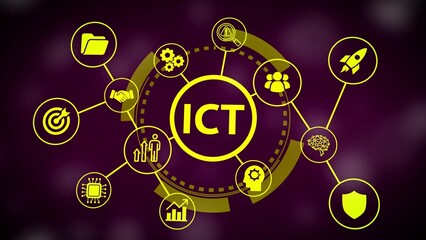 Information and Communications Technology concept network with icons and ICT text in yellow image photo