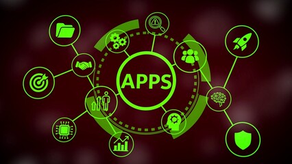 Neon Green Digital Network of Apps and Business Icons on Dark Red Background application software
