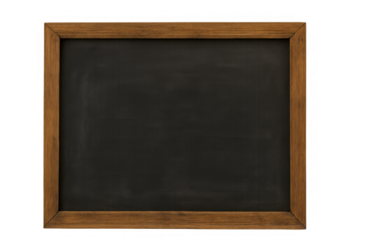 Empty chalkboard displaying a dark, textured surface with a natural wood frame, isolating on a transparent background