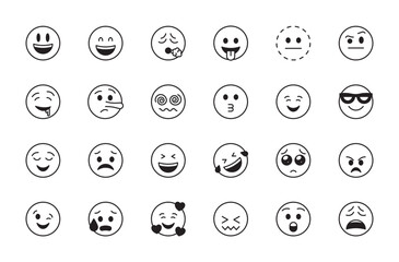 Emoji & smiley black icon set. Emotion, smile, emoticon, smiling, lying, worried, laughing, angry, winking, spiral eyes, kissing, weary, confounded, grinning face. Vector illustration.Editable stroke.