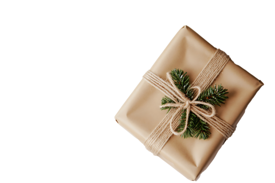 Gift-wrapped Christmas present with minimal paper and jute string isolated on transparent background  - Powered by Adobe