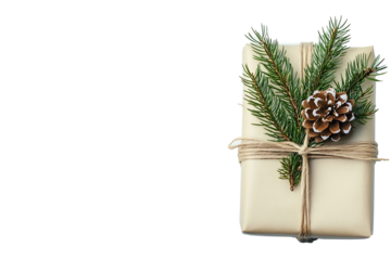 Gift-wrapped Christmas present with minimal paper and jute string isolated on transparent background 
