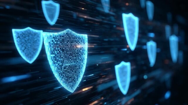 Cybersecurity Shield: A mesmerizing display of digital shields in vibrant blue, signifying robust data protection and network defense, the image embodies the essence of cybersecurity.