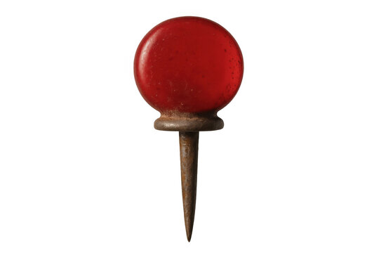 Red pushpin with a vintage aesthetic and rusty metal texture providing location, marking, and organizing concepts