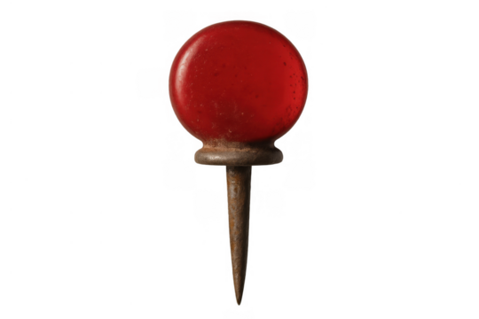 Red pushpin with a vintage aesthetic and rusty metal texture providing location, marking, and organizing concepts