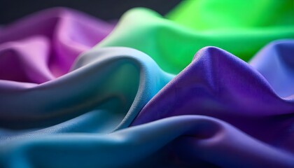 Abstract close up of flowing iridescent fabric with shimmering sequins in vibrant shades of purple blue and green creating a luxurious textured background