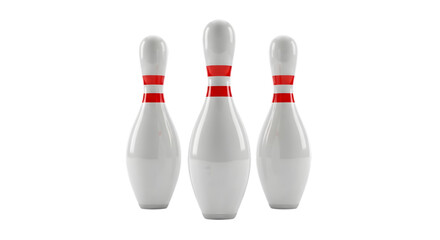 Three classic white bowling pins with red stripes, sport game