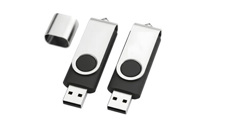 Two portable usb flash drives, one open, one closed, isolated