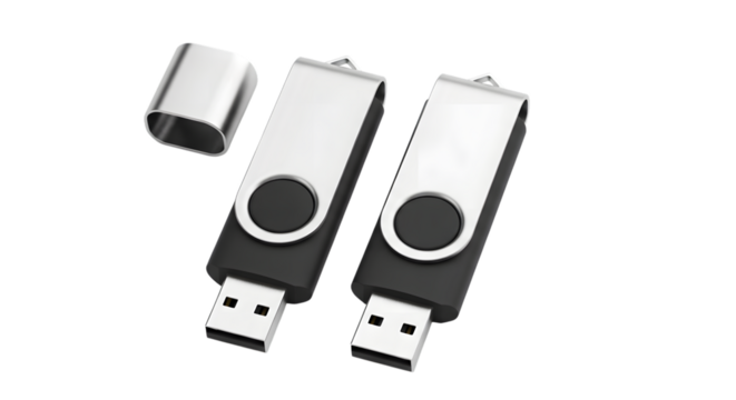 Two portable usb flash drives, one open, one closed, isolated
