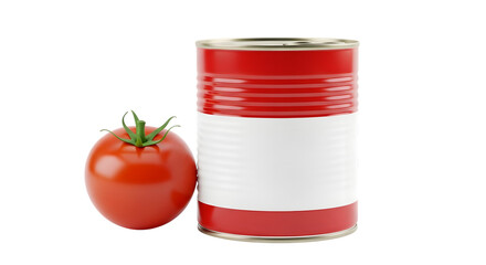 Fresh ripe red tomato with blank generic tin food can isolated.